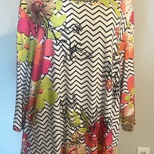 Multiples Mixed Chevron & Floral Tunic in White, Black, Pink, Green
